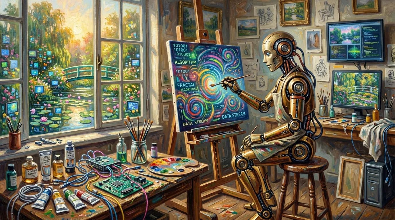 An artist painting in Monet's own Giverny studio, morning light flooding in