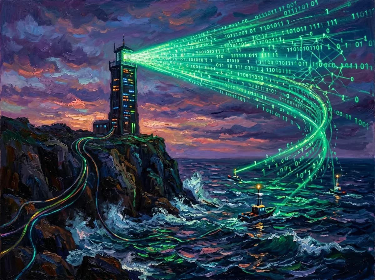 A lighthouse beam cutting through sea mist at dusk, guiding distant ships