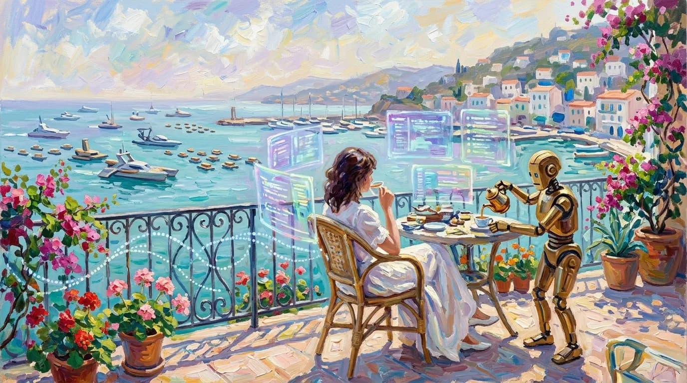 A woman relaxing on a sunlit terrace while a harbor bustles below