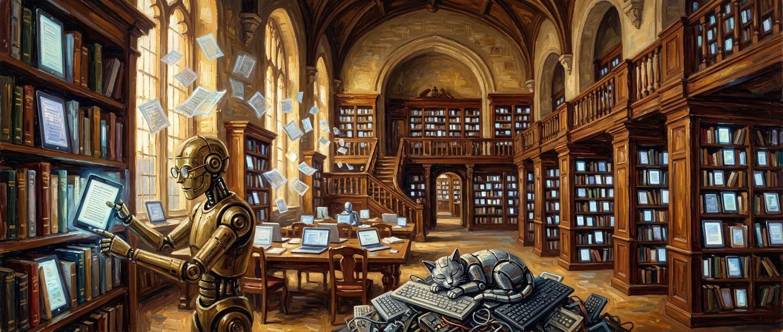 A grand library interior with golden sunbeams and floor-to-ceiling bookshelves