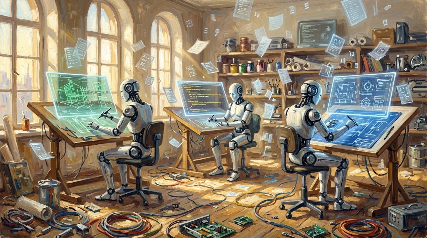 An architect's studio with glowing blueprints spread across tables in morning light