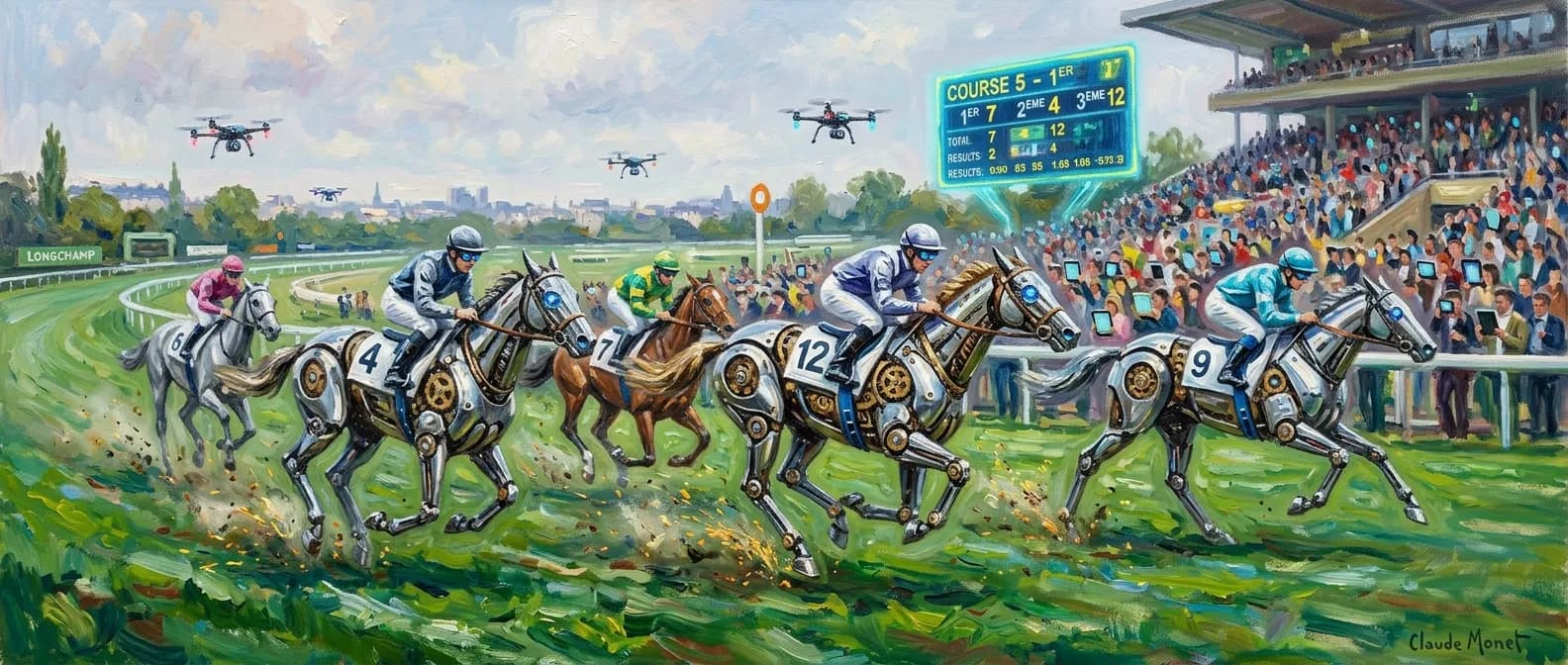 Horses racing at Longchamp in an explosion of color and movement