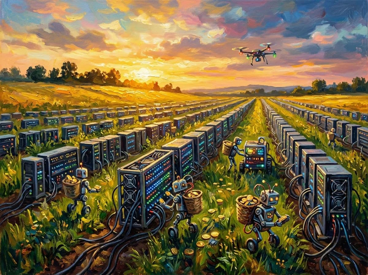 A vineyard at golden hour with glowing golden grapes cascading into baskets