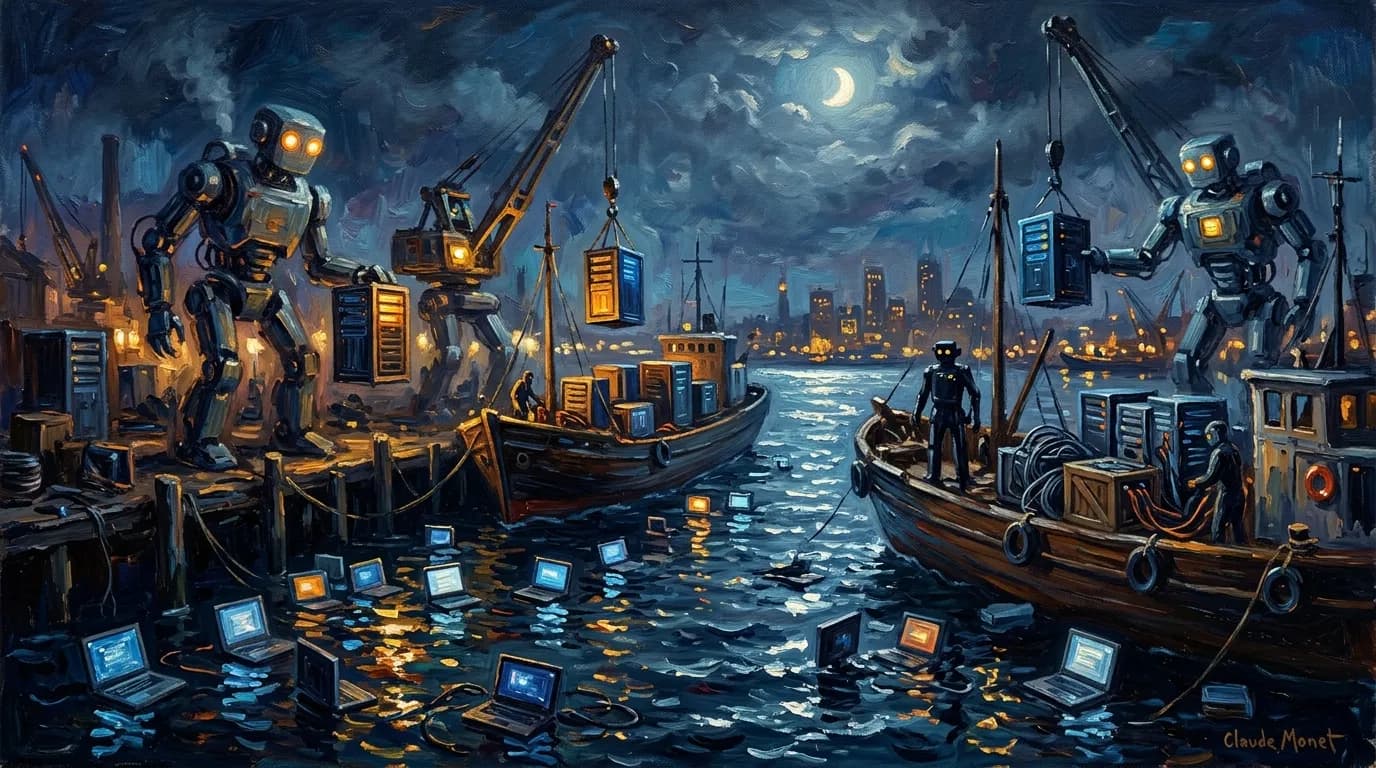 Autonomous cranes loading glowing cargo at a moonlit harbor