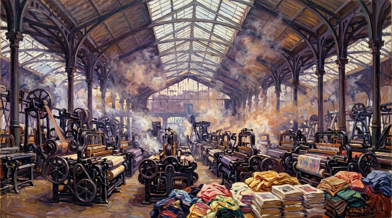 Autonomous looms and presses working without humans in a grand station hall