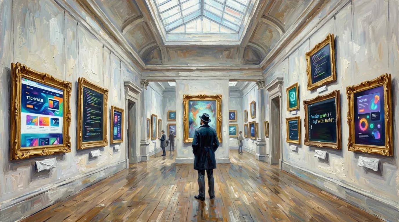 A person examining digital artworks in a gallery with anonymous artist nameplates