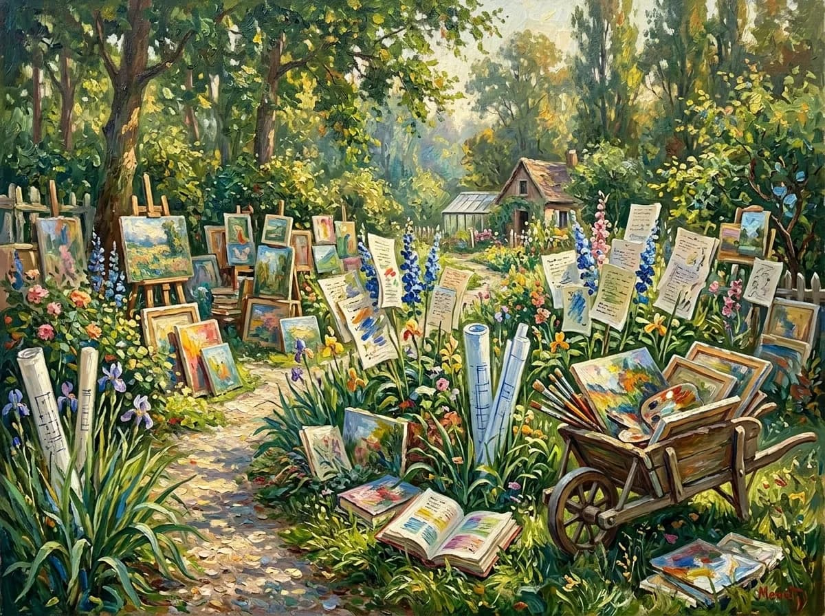 An impressionist garden overflowing with canvases, manuscripts and creative outputs