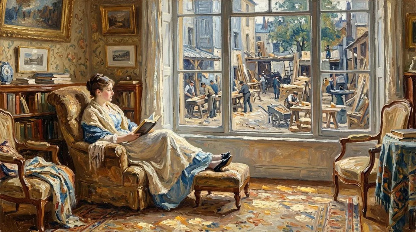 A person reading peacefully while work happens outside the window