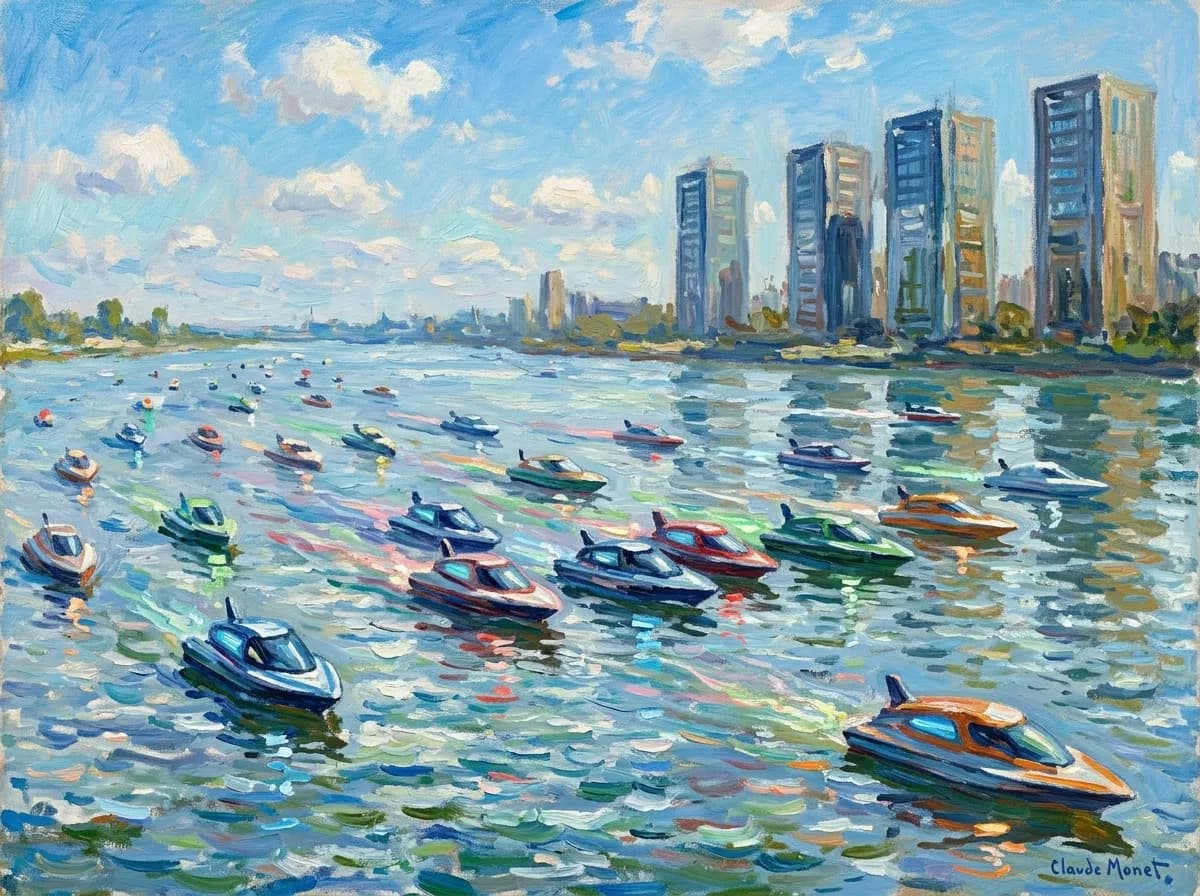 Dozens of glowing boats racing across a river with server towers watching