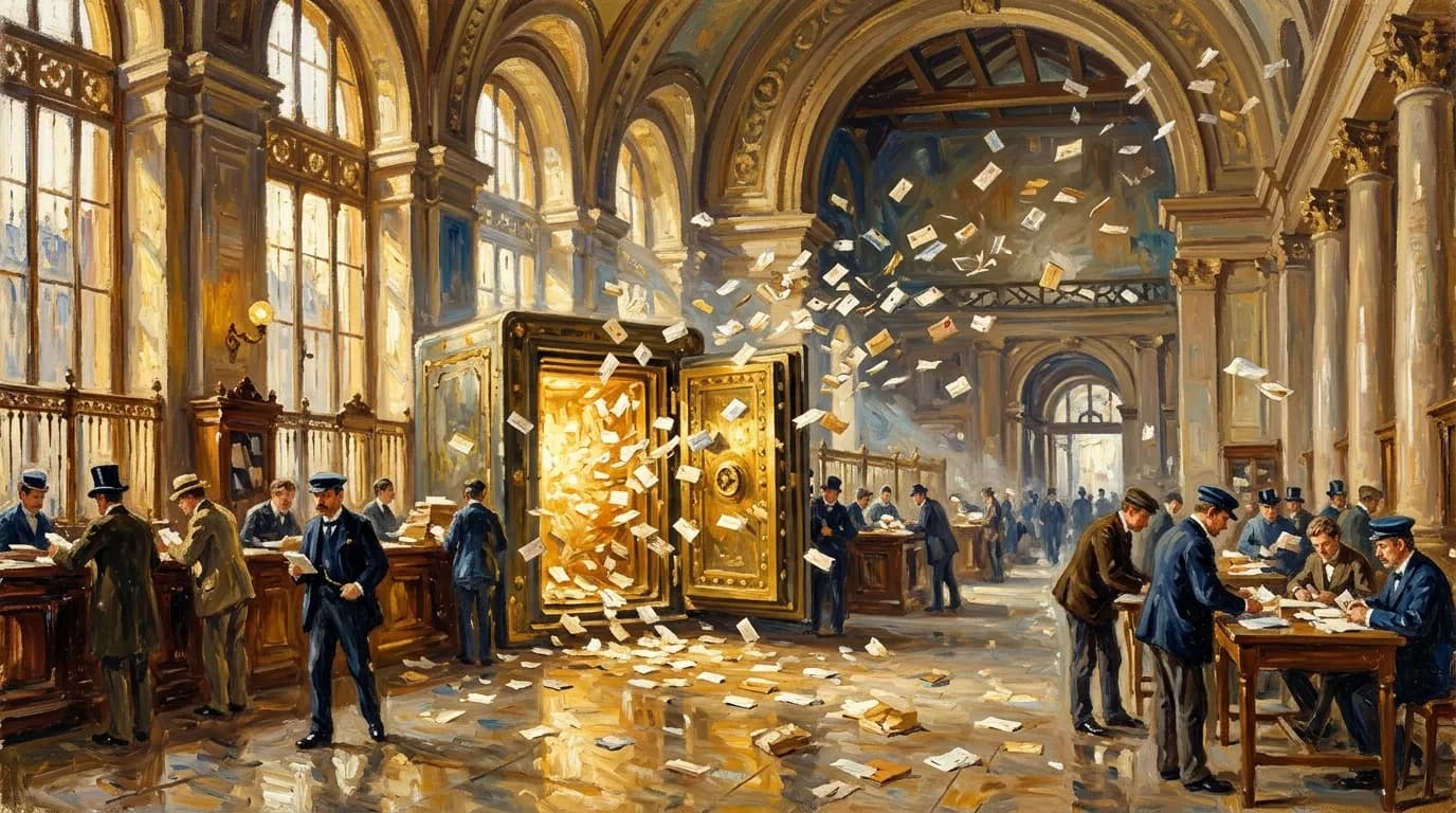 A grand post office with an open glowing safe and letters flying through the air