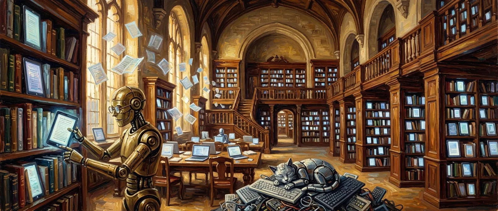 A grand library interior with golden sunbeams and floor-to-ceiling bookshelves